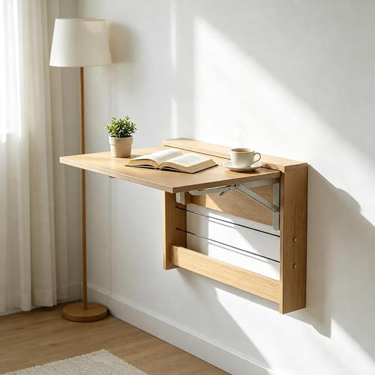 Wall Mounted Folding Table, Floating Wall Desk Fold Down for Small Spaces, Wall Mount Desk for Home Office Computer Workstation,Study Work Bench, Kitchen Dining (24.8 * 16.3inch, Wood Color)