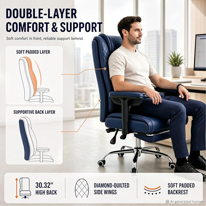 Big and Tall Office Chair，Heavy Duty Wide Executive Office Chair (Blue) | Breathable Leather，Double-layered Backrest，Seat Cushion Designed of Deluxe Embroidery Leather，Foot Rest, Adjustable Armrests