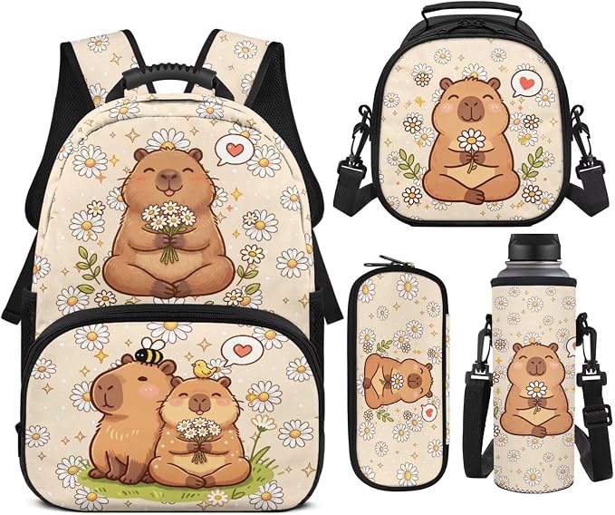 Capyabara Backpack for Girls 7-10, 4PCS School Backpack Set with Lunch Box, Pencil Case & Water Bottle Sleeve, Daisy Flower 17 Inch Book Bag for Elementary Back to School