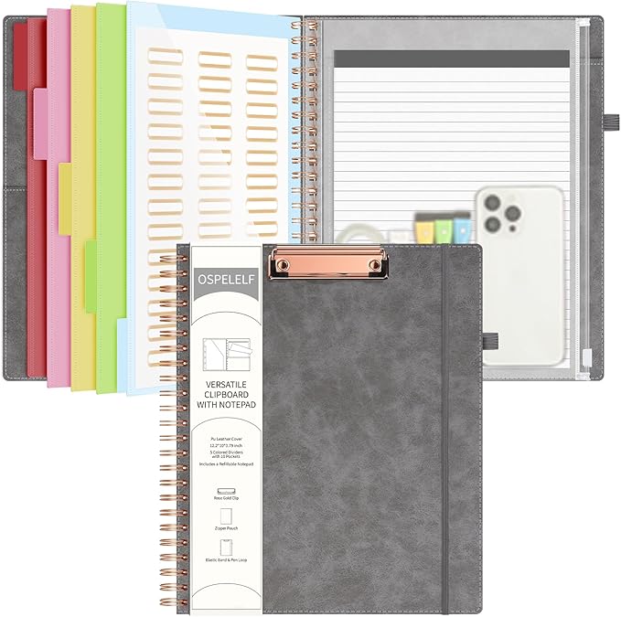 Ospelelf Grey Foldable Clipboard Folio with with Storage Zipper Pouch, Leather Spiral Clipboard Folder with Notepad, 5 Plastic Folders with 10 Pockets, 39 Divider Label Stickers, Pen Loop Series