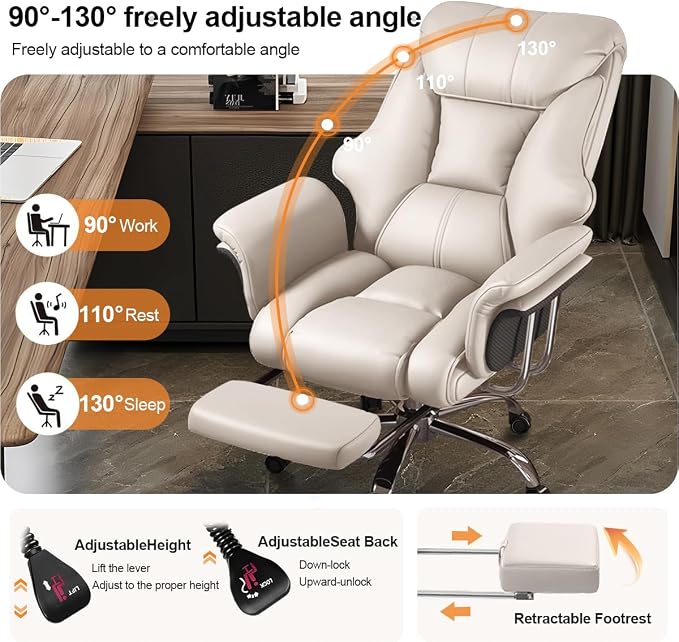 Big and Tall Office Chair Wide Seat Ergonomic Leather Executive Desk Chair with Leg Rest, Heavy-Duty 550 lbs Adjustable Height Computer Gaming Chairs