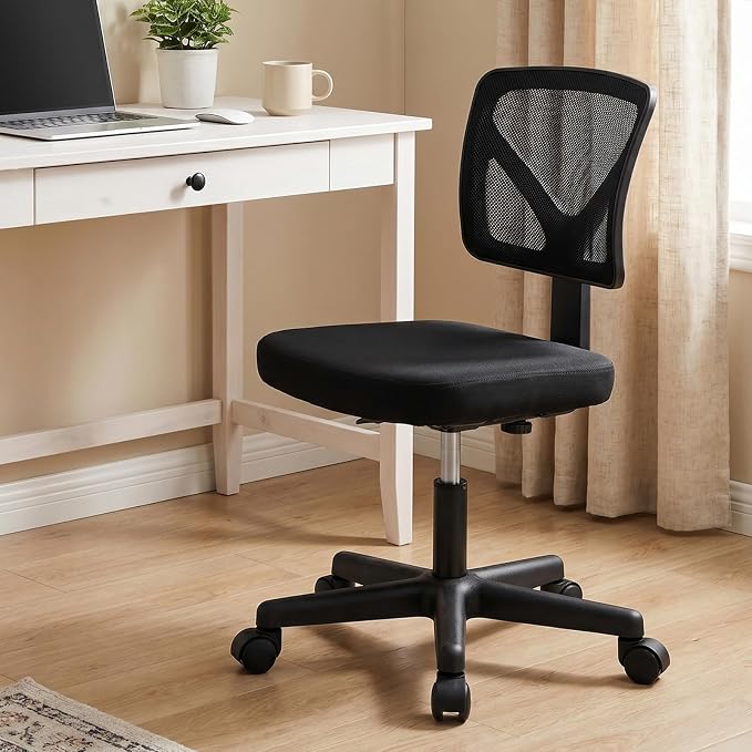 Sweetcrispy Ergonomic Low-Back Mesh Small Office Chair, Rolling Work Swivel Chairs with Wheels, Armless Comfortable Seat Lumbar Support for Home, Bedroom, Study, Student, Adults, New Black