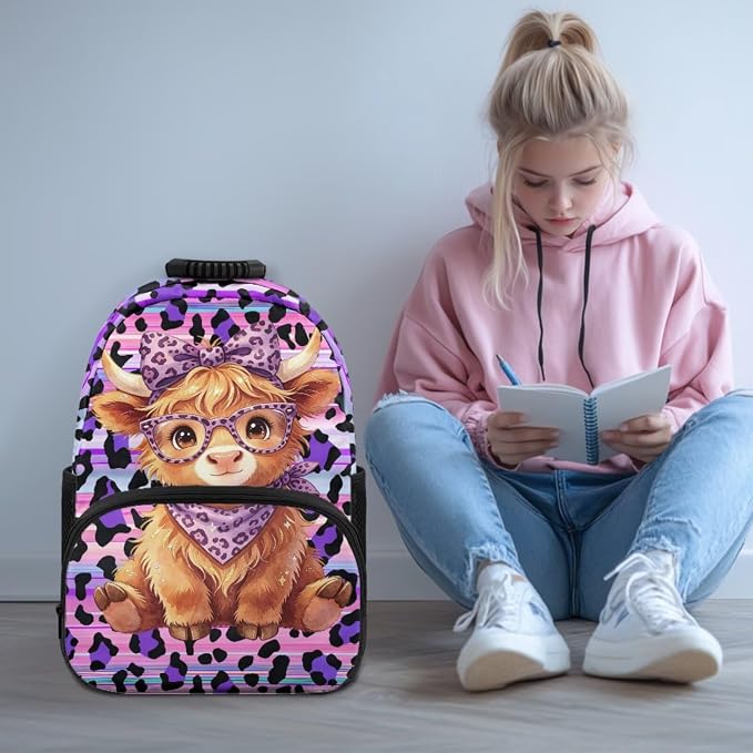 ZFRXIGN Highland Cow Girls Backpack for Elementary School Bookbag with Cute Pendant 4pc Backpack Set for Girls Cheetah Print Insulated Lunch Box Pencil Case Purple