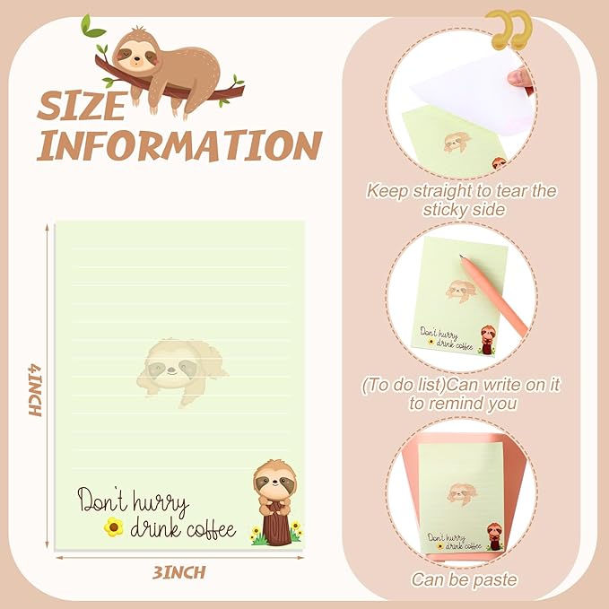 12 Pieces Sloth Sticky Notes 3x4 Inch Cute Cartoon Sloth Gifts Memo Notes for Animal Lovers Women Animal to Do List for Office Friends Lazy Day Holidays Gifts