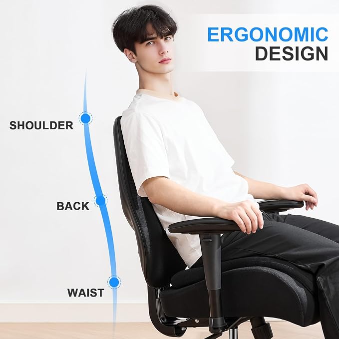 Office Chair with Ergonomic Lumbar Support and Mesh Back for Home Office, Desk Chair with Wide Seat and Adjustable Arms for Computer Desk, Computer Chair with Rocking Backrest and Wheels for Work