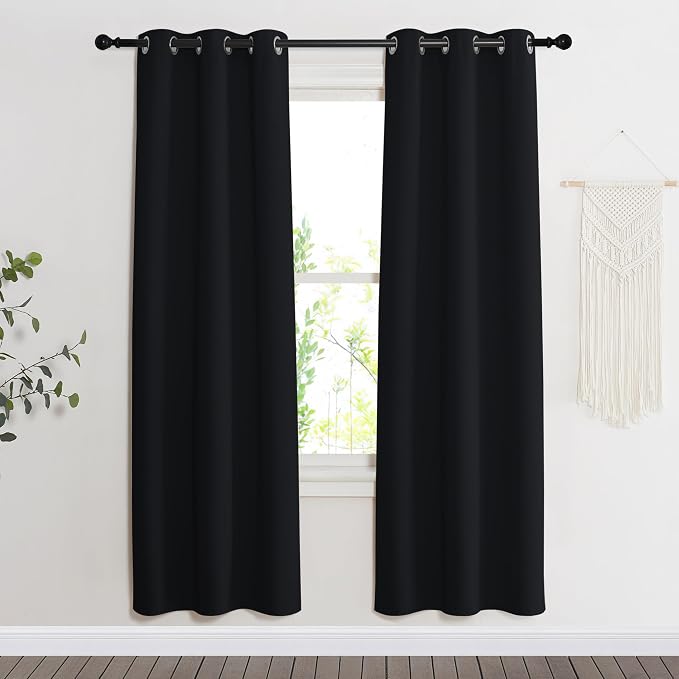 NICETOWN Black Out Curtain Panel Shade, Single Piece, 34 inches Wide by 72 inches Long, Black, Solid Energy Efficient Eyelet Top Window Blind for Guest Room