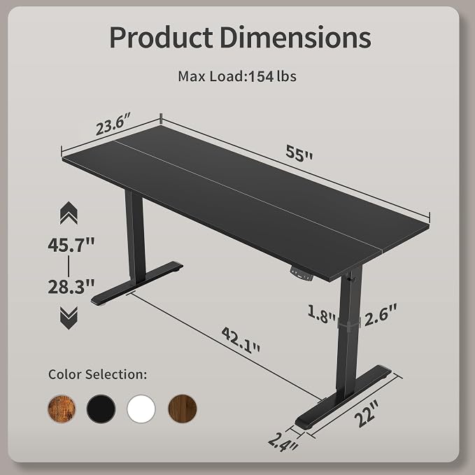 Agilestic Electric Standing Desk, 55 x 24 Inches Height Adjustable Desk, Sit Stand up for Work Office Home, Ergonomic Rising Computer Table with Memory Preset, Black
