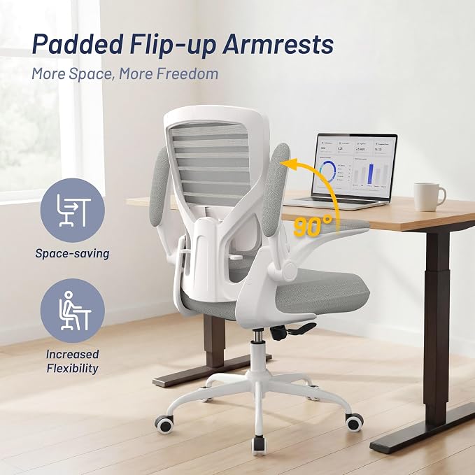 Office Chair for Long Hours & Back Pain Relief – 4" Molded Foam Cushion, Padded Lumbar Support, and Padded Flip-up Armrests, Ideal for Office or Study, Light Gray