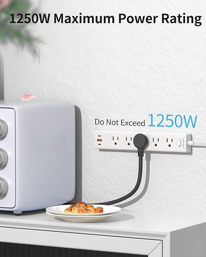 HOPOW Flat Plug Power Strip, 10 Ft Ultra Thin Flat Extension Cord, Surge Protector with 5 Outlets & 3 USB Ports (2 USB C), 1700 Joules, Wall Mount, Desktop Charging Station for Home Office Dorm, White
