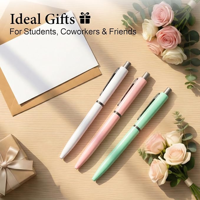 Cambond Ballpoint Pens Black Ink - Metal 1mm Medium Point Smooth Writing Click Pens Bulk, White Pink Green Retractable Pen Set for College Student Office Woker Nurse(3 Pens with 3 Refills)