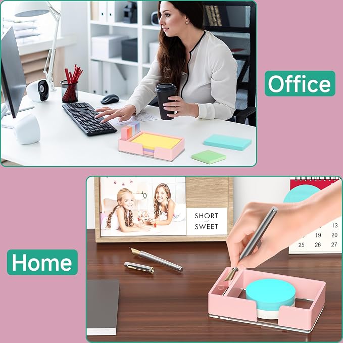 Sticky Note Holder with Pen Slot, Pink Acrylic Notepad Holder 4x6 in Self-Stick Note Dispenser Office Desk Accessories, Memo Pad Holder Organizer for Classroom School Supplies