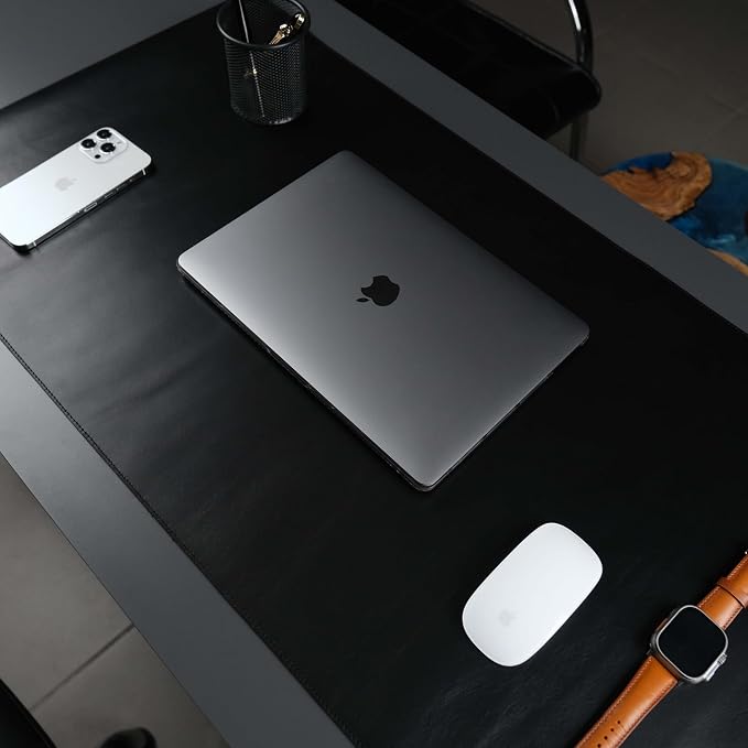 Jersey Genuine Calfskin Leather Desk Pad, Office Desk Mat with Non-Slip Bottom, Smooth Surface for Mouse & Keyboard, Desk Protector (36x19 inches) (Black)
