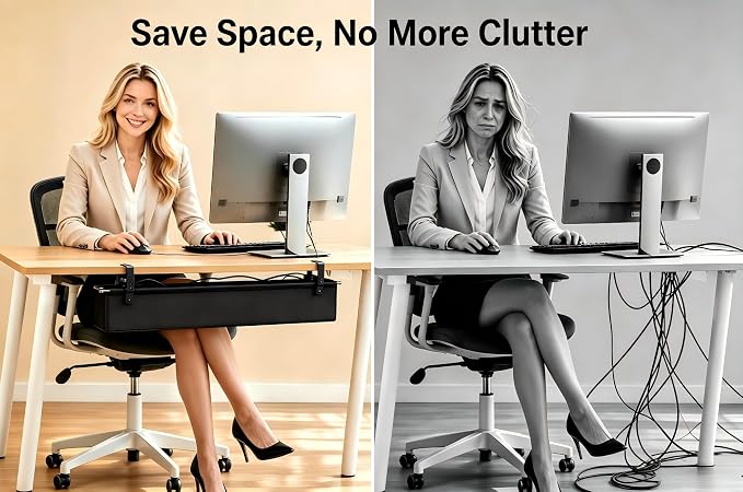 Under Desk Cable Management Tray 36", No Drill Clamp-On Design, Premium Oxford Fabric Cord Organizer Hides Power Strip & Messy Wires, Ideal for Home Office & Gaming Desk