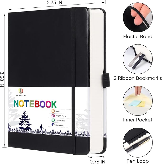 Blank Paper Notebook - 280 Pages A5 Blank Journal Notebook with 100gsm Thick Blank Paper, Hardcover, PU Leather, 5.75'' × 8.38''-Black