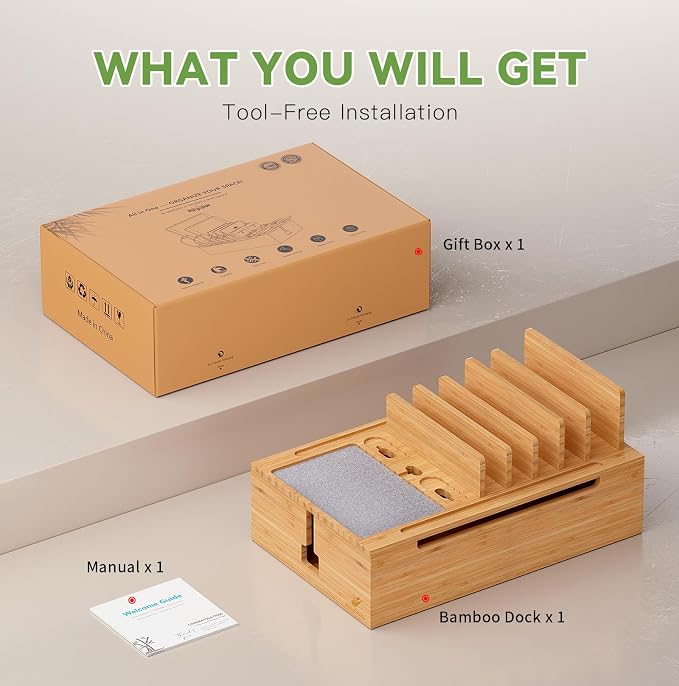 Pezin & Hulin Bamboo Charging Station-Natural, (No USB Charger and Cables) | Electronic Devices Organizer for Multiple Devices Charger Such As Cell Phone, Tablet, Watch and More