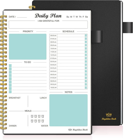 Daily Planner Undated, To Do List Notebook with Hourly Schedule Regolden-Book Calendars Meal, Spiral Appointment Organizers Notebook for Man/Women, Pocket,Pen Loop, 160 Pages (7x10")
