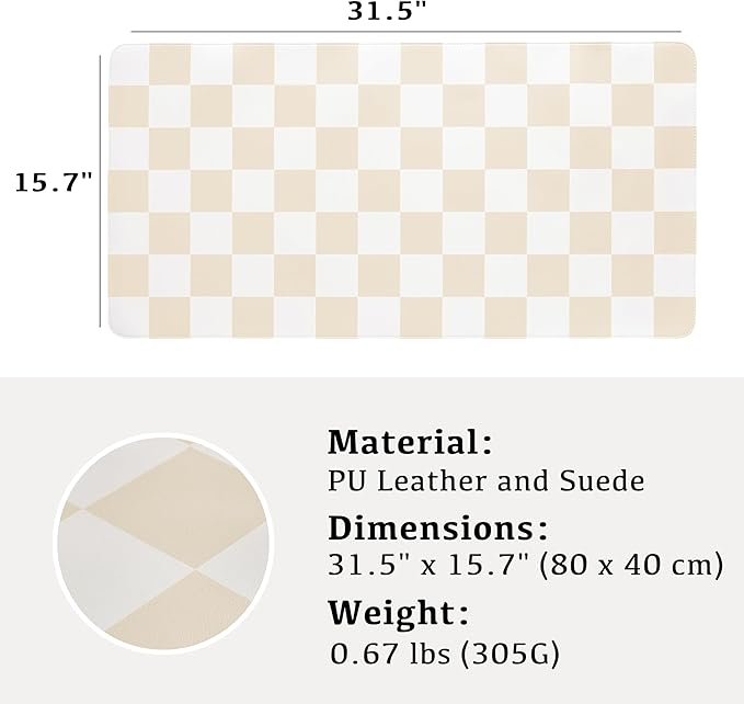 Checkered Desk Mat, 31.5" x 15.7" Large Cute Beige Sand Aesthetic Retro Accessories, PU Leather Computer Laptop Desk Mat Mouse Keyboard Pad, Desk Writing Makeup Mat for Vanity/Work/Home Decor