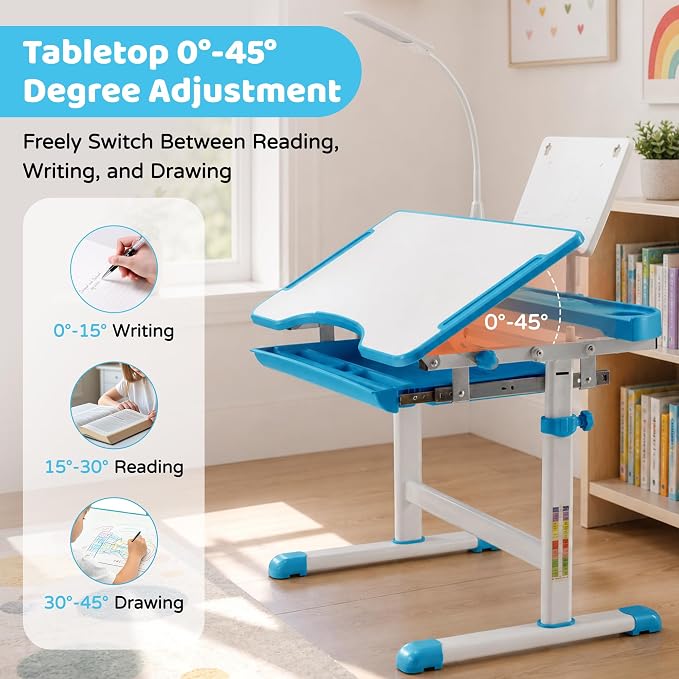 Diroan Kids Desk and Chair Set with LED Light, Height-Adjustable for Age 7+ | Ergonomic, Large 0‑45°desk, Sturdy steel frame, Storage drawer, Bookstand, Metal hook