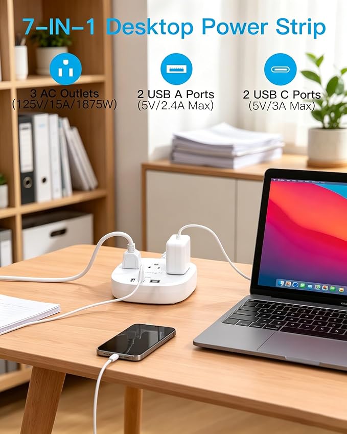 Cruise Ship Travel Essentials, 22.5W/4.5A Flat Plug Power Strip, 1Ft Short Extension Cord, 3 Outlets 4 USB Ports (2 USB C) Cruise Approved Power Strip No Surge Protection, Desktop Charging Station
