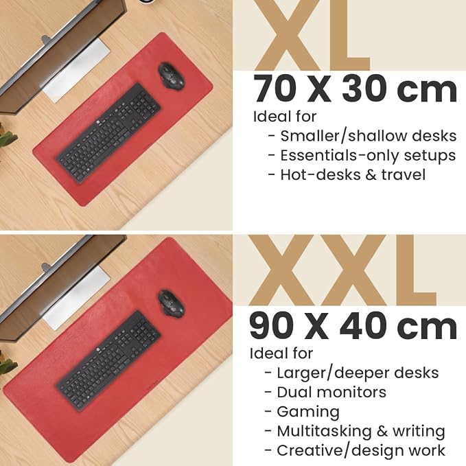 Full Grain Genuine Leather Desk Pad – Red (L) - Premium Desk Mat with Non-Slip Backing, Thick 3mm, Office Desk Protector for Work & Gaming (Large 27.6 x 11.8 inch)
