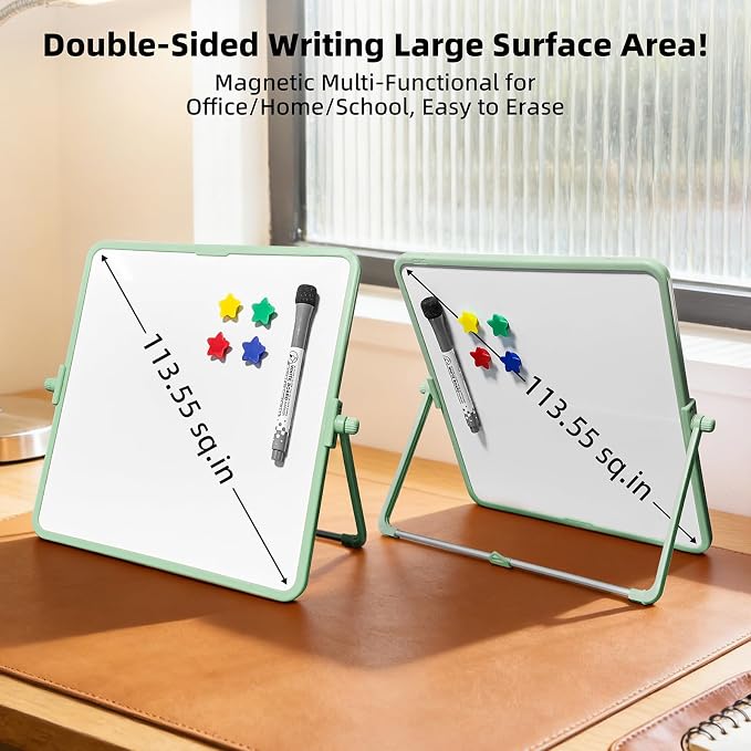 Colorful Dry Erase White Board 11x11in, Magnetic Desktop Board with Stand, 2 Markers (Eraser Head), 4 Magnets - Double-Sided Easel for Daily Planning, Office/Home/School (Green)