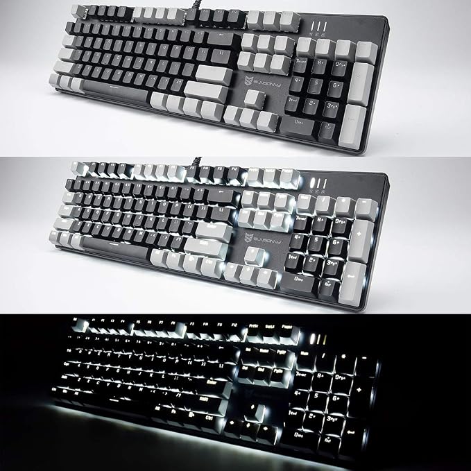 Merdia LED Backlit Full Size Wired Mechanical Gaming Keyboard | Black Switch 104 Keys US Layout Hot Swappable Full Size Mechanical Keyboard | White LED Backlit PC Gaming Keyboards (Black & Grey Color)