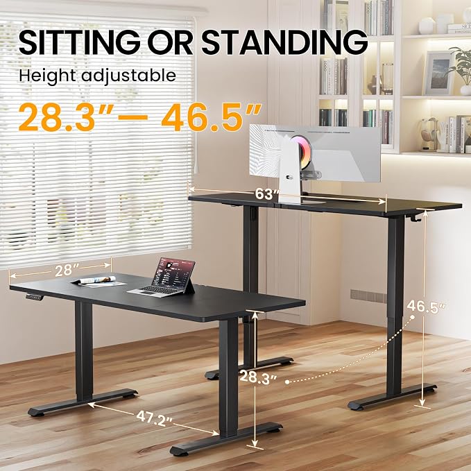 Veken 63" x 28" Super Large Standing Desk, Height Adjustable Electric Computer Desk, Sit to Stand Up, Modern Workstation for Home Office, Walking Pad, Writing, Gaming Bedroom Study, Black