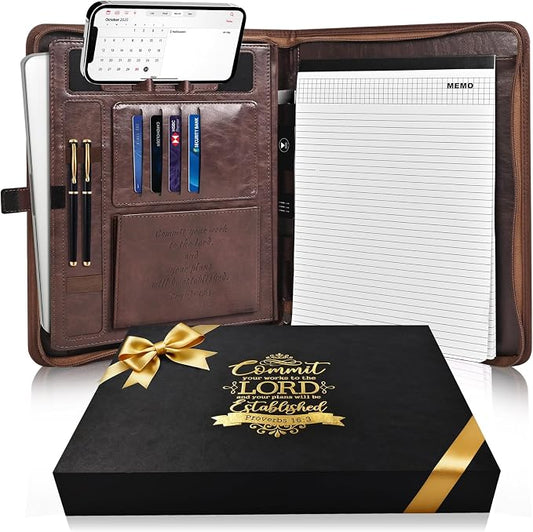 Leather Portfolio for Men, Christian Religious Gifts for Men with Laptop Pocket, Padfolio Binder Folder with Zipper for Women, Business Large Organizer Case for Bible Notebook Notepad Phone (Brown)