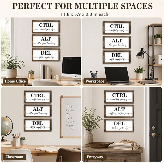 Pinetree Art Motivational Wall Decor for Office, Set of 3 Rustic Wooden Framed Signs, CTRL ALT DEL Inspirational Wall Art for Home Office, Classroom, Desk Wall, Positive Mindset Decor, (6"x12"x3)