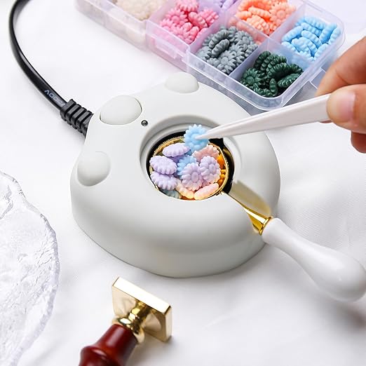Dual-Spout Electric Wax Seal Warmer White with Spoon Tweezers Stirring for Melting Wax Sealing Beads