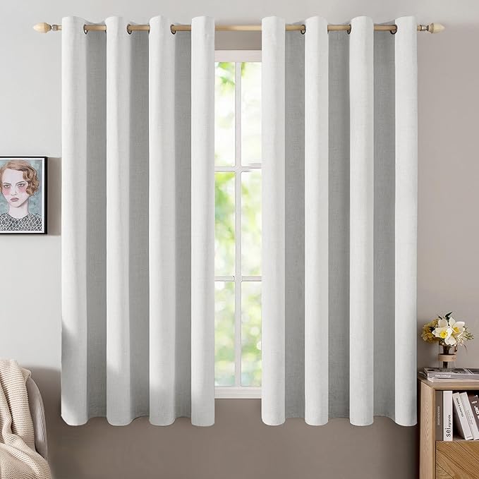 MIULEE Linen Textured Curtains for Bedroom Solid 100% Blackout Thermal Insulated Heathered White Grommet Room Darkening Curtains & Drapes Luxury Decor for Living Room 52 x 63 Inch (2 Panels)