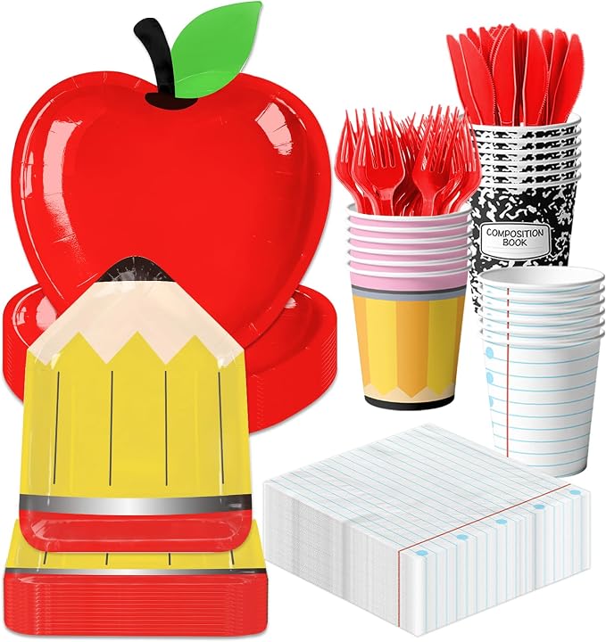 Back to School Party Supplies Kit Apple Pencil Notebook Composition Tableware Set Disposable Dinnerware Paper Napkin Plate Cup Fork for First Day of School Kindergarten Graduation Decor, 24 Guest