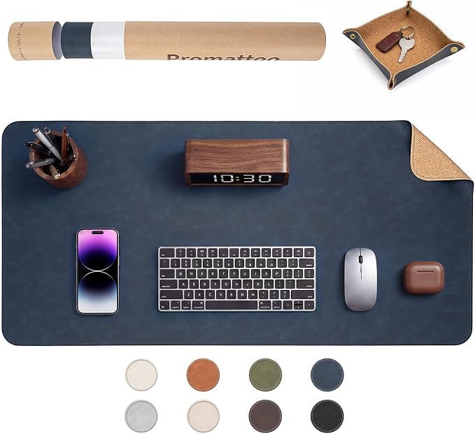 Premium Faux Leather Desk Mat & Tray Set，Innovative Cork-Look Printed Base，Gift Tube Packaging，Full-Desk Coverage，Non-Slip Desk Pad for Office Home（Navy Blue）