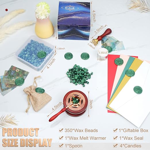 Green Wax Seal Kit, 357pcs with Wax Beads, Stamp, Warmer, Spoon, Candles, for Envelopes, Letters, Crafts