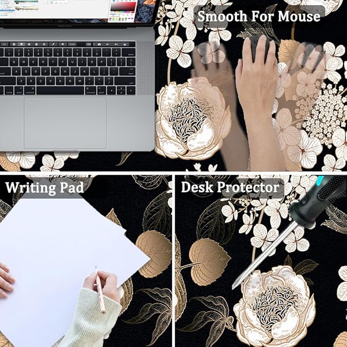 Large Desk Mat, Dual Side PU Leather Waterproof Mousepad Desk Pad, Desk Protector Writing Pads Desk Accessories for Office and Home (C-Black Gold Flower, 24''X14'')