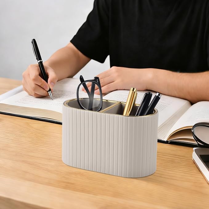 PU Leather Desk Organizer,Pen Holder,Small Remote Control Holder Pencil Cup Multifunctional Nightstand Organizer Caddy for Home School Office Desk Accessories,2 Compartments (Beige)