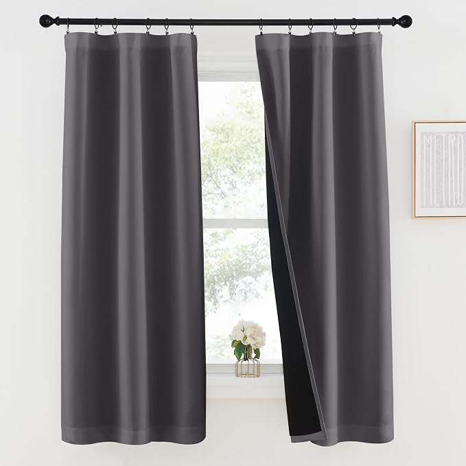 NICETOWN Grey 100% Blackout Lined Curtains, 2 Thick Layers Completely Blackout Rod Pocket Thermal Insulated Drapes for Kitchen/Bedroom (1 Pair, 37 inches Width x 63 inches Length Each Panel)