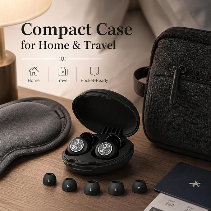 45dB Ear Plugs for Sleeping, Soft Silicone for Side Sleepers, 4 Sizes | Reusable soft silicone with XS/S/M/L sizes for side sleepers, concerts, flights and hotels; carrying case included.