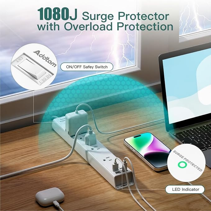 Addtam 2 Pack Power Strips with Surge Protection- 5 Widely Spaced Outlets 4 USB Charging Ports, 1875W/15A, 5Ft Braided Extension Cord Flat Plug, Wall Mount for Home Office Dorm Room Essentials