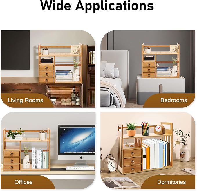 Bamboo Desktop Bookshelf, Desk Organizer Display Shelf with 3 Drawers, Counter Top Bookcase Wood Tone Display Shelf Rack Multipurpose Bookshelf for Home Office