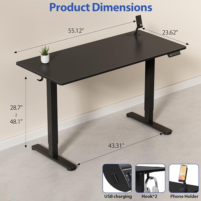 YESHOMY Height Adjustable Electric Standing Desk, 55 x 24 Inches Memory Home Office Sit Stand up Desk with Phone Holder and USB Charging Port, Black