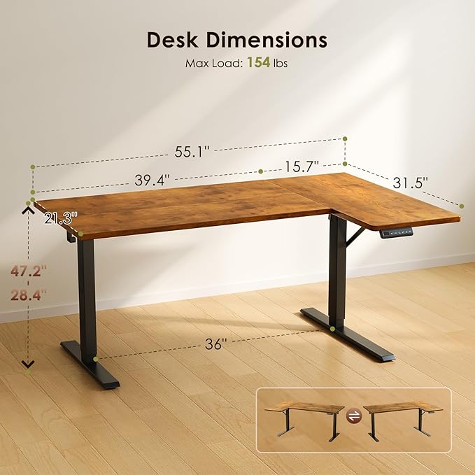 OffiGo Electric L Shaped Standing Desk, 55 Inches Height Adjustable Table, Reversible Corner Stand Up Desk, Lifting Computer Table for Home Office, Computer Workstation, Rustic Brown