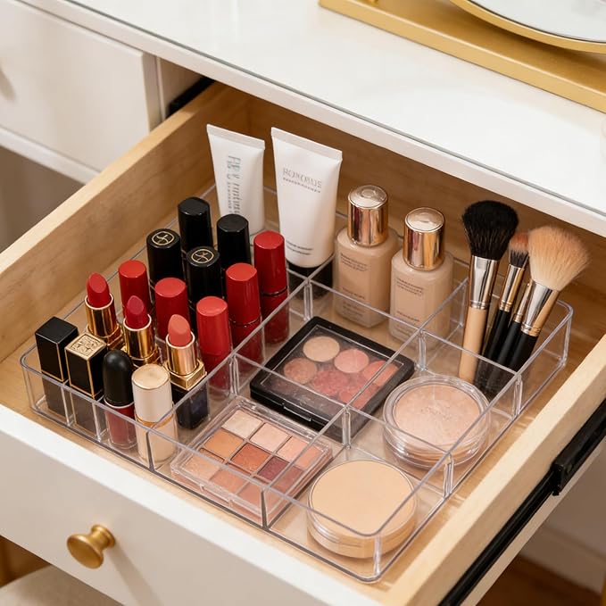 Expandable Desk Drawer Organizer, Expandable Storage Tray with Adjustable Compartments - Customizable Desk Organizer for Makeup, Utensils, Office Supplies, Junk Drawer & Bathroom