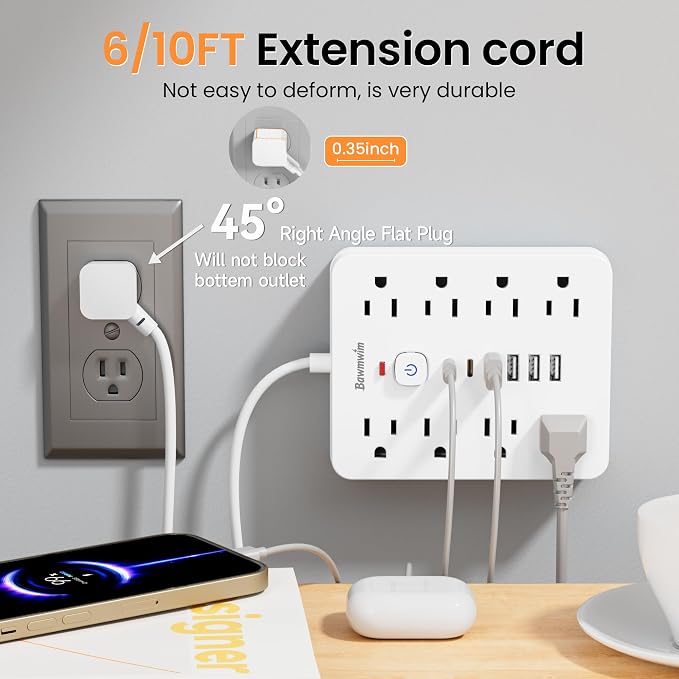 Surge Protector Power Strip - 8 Outlets(1850W/15A/14AWG) 4 USB A（2 USB C, 6FT Flat Plug Extension Cord, Wall Mount Multi Plug Outlet Extender, ETL Listed for Home