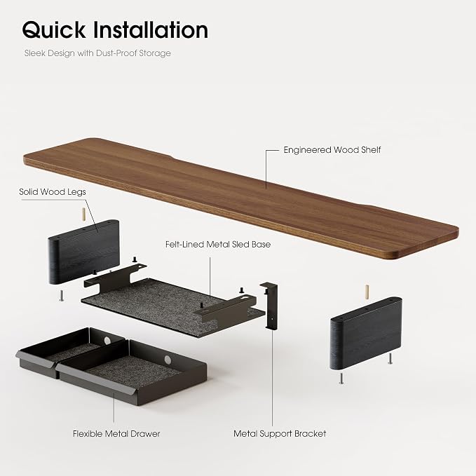 Fenge 42.5" Dual Monitor Stand with Storage Drawer & Solid Wood Legs, Brown | Modern Minimalist Design, Repositionable Metal Drawers, Wooden Desk Shelf for Home Office Workspaces