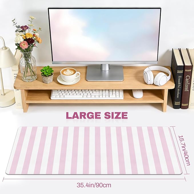 Pink Striped Desk Mat Cute Large Mouse Pad Kawaii Extended PU Leather Mat for Home Office Desk Decor for Women Cozy Gaming Keyboard Pad 35.4 X 15.7inch