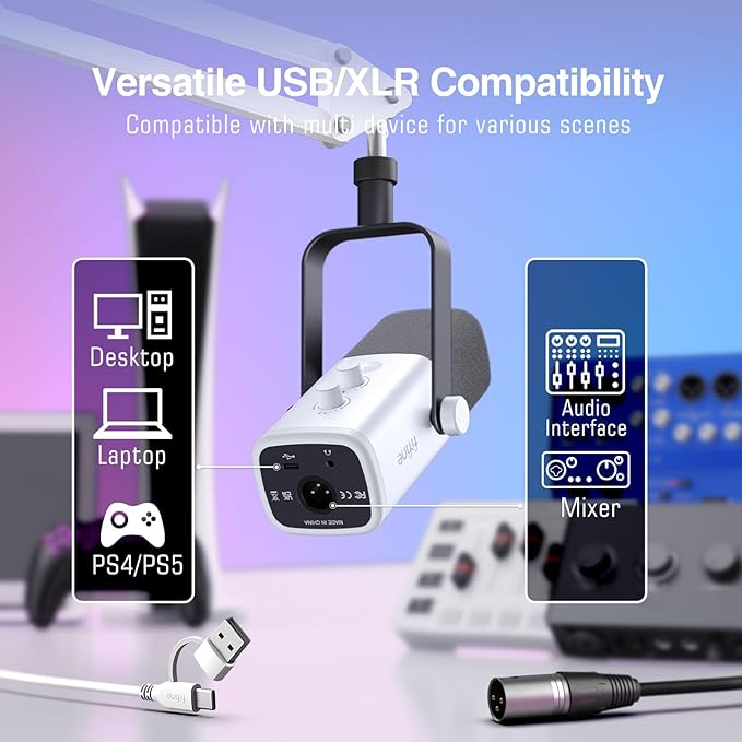 FIFINE Gaming XLR/USB Microphone Kit, Streaming Dynamic Mic Set for PC, Computer Mic for Vocal Podcast Recording Voiceover, with Headphones Jack, Gain Knob, Arm Stand-AmpliGame AM8T White