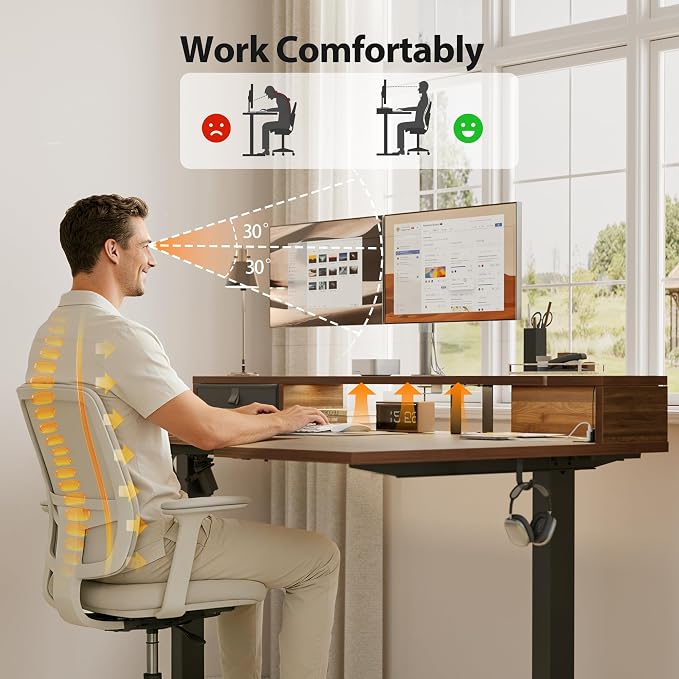 Agilestic 63 Inch L Shaped Electric Standing Desk with Shelf, Height Adjustable Large Desk with Power Outlets & LED, Corner Sit Stand Up Table with Monitor Stand, Computer Workstation, Dark Walnut