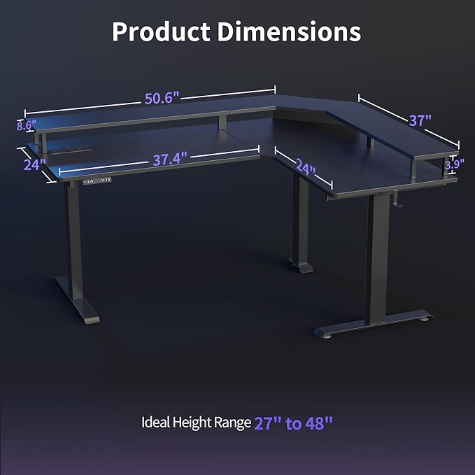 FEZIBO 63"x49" L Shaped Standing Desk with LED Strip & Power Outlets, Height Adjustable Sit Stand Corner Computer Desk with Ergonomic Monitor Stand, Black Top/Black Frame