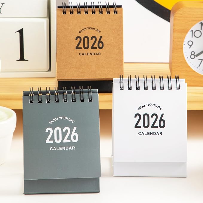 Mini Desk Calendar 2026-2027 - Runs From January 2026 until June 2027 Small Desktop Calendar Thick Paper Twin-Wire Binding with Stickers for Home Office School (Mini Grey)